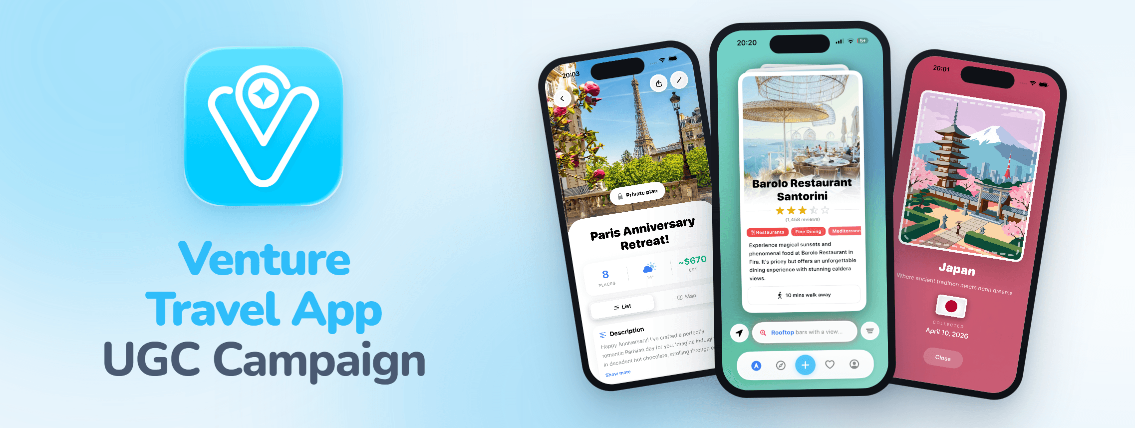 Venture Travel App UGC | $2 per 1,000 views